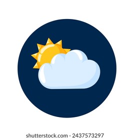 Cloud with sun cartoon icon. Hand drawn weather, forecast logo. Vector illustration isolated on a white with blue background.