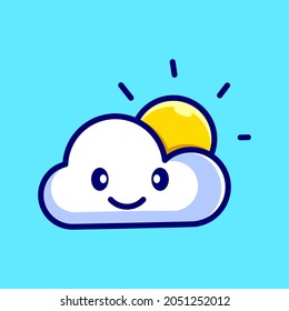 cloud and sun cute cartoon mascot illustration vector icon.