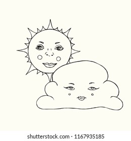 Cloud and sun with cute face, hand drawn doodle, sketch isolated vector outline black and white illustration
