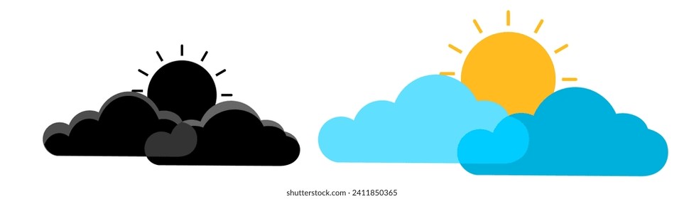 Wolke mit der Sonne. Morgendämmerung, Sonnenaufgang, Licht, Sonnenstrahlen. Wolke, 3D-Wettersymbole aus Kunststoff,