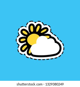 Cloud and sun flat color sticker with dash line