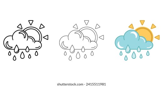 Nube con imagen vectorial del icono del clima con sol y fuerte lluvia sobre fondo blanco. Tres iconos de contorno grueso, delgado y coloreado. Se puede utilizar para aplicaciones móviles, aplicaciones web y medios de impresión