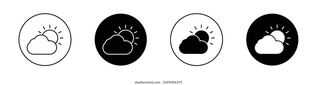 Cloud sun icon set. rainy or cloudy weather forecast vector symbol in black filled and outlined style.