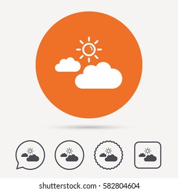 Cloud with sun icon. Sunny weather symbol. Circle, speech bubble and star buttons. Flat web icons. Vector