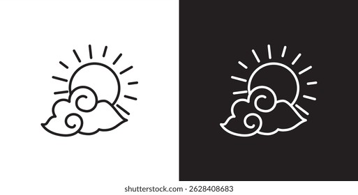 Cloud and sun icon. Sun and cloud icon with thin line depicts sunny cloudy day weather. Cloud vector illustration icon in transparent and black background. Editable stroke.