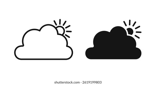 Iconos del sol de la nube fijados en colores negros sobre fondo blanco