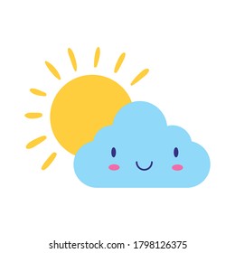 cloud with sun kawaii comic character flat style vector illustration design