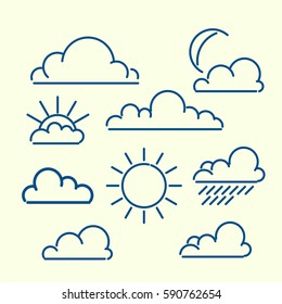 Cloud sun moon rain outlined icon set. Meteo vector illustration.