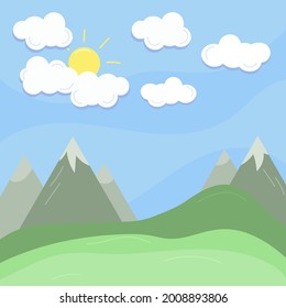 Wolke, Sonne und Berg Sommerlandschaft. Blauer Himmel, Grasland. Flache Vektorgrafik
