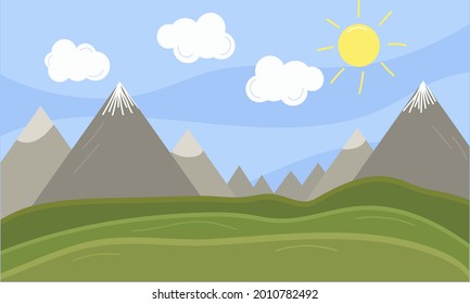 Cloud, sun and mountain summer landscape. Blue sky and grassland