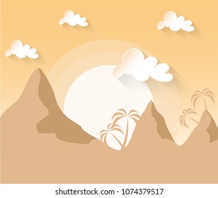 cloud and sun paper art style flying over the mountain and palm trees.