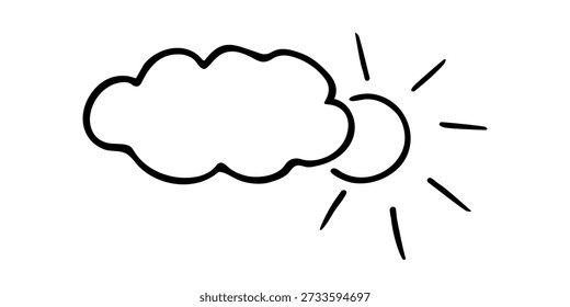 Cloud And Sun With Radiating Sunrays Outline In Simple Hand Drawn Doodle Style. Isolated. Vector Illustration
