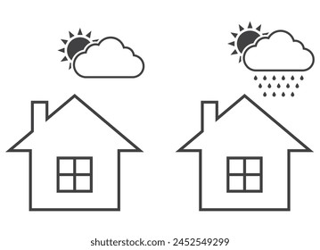Cloud with sun and rain over house weather icon