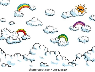 Cloud sun and rainbows vector cartoon.