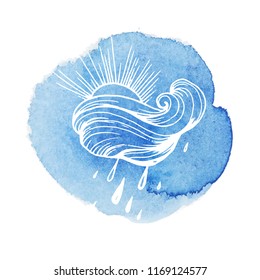 Cloud with the sun and raindrops sketch on the blue watercolor background isolated on white for cards, banners and weather forecast. 