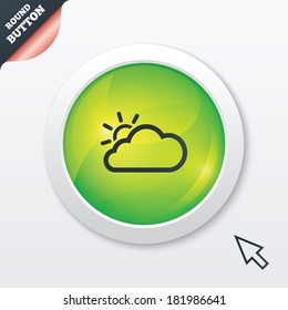 Cloud and sun sign icon. Weather symbol. Green shiny button. Modern UI website button with mouse cursor pointer. Vector