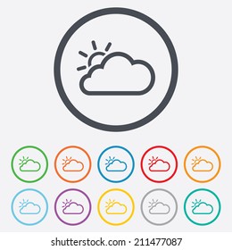 Cloud and sun sign icon. Weather symbol. Round circle buttons with frame. Vector