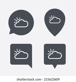 Cloud and sun sign icon. Weather symbol. Map pointers information buttons. Speech bubbles with icons. Vector