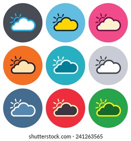 Cloud and sun sign icon. Weather symbol. Colored round buttons. Flat design circle icons set. Vector