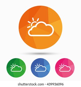 Cloud and sun sign icon. Weather symbol. Triangular low poly button with flat icon. Vector