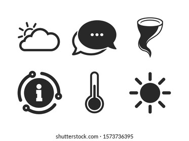 Cloud and sun signs. Chat, info sign. Weather icons. Storm symbol. Thermometer temperature sign. Classic style speech bubble icon. Vector
