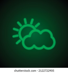 Cloud sun simple icon. Flat desing. Green neon on black background with green light.ai