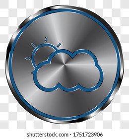 Cloud sun simple icon on metal round button. Transparent grid