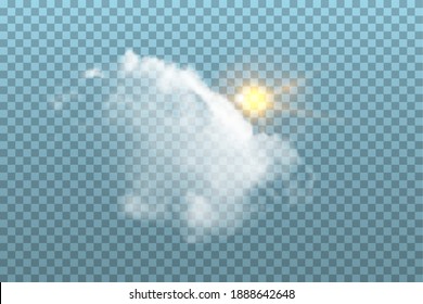 Nube con sol en el cielo sobre fondo azul transparente. Dibujo vectorial realista fluffy blanco y sol. Día soleado y nublado en verano o primavera, naturaleza al aire libre.