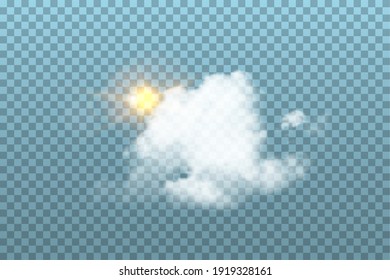 Cloud with sun in sky on blue transparent background. Realistic fluffy white object and sunshine vector illustration. Sunny and cloudy day in summer or spring, nature outdoor.