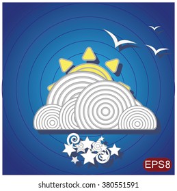 cloud, sun, snow and birds on icon, vector illustration. Flat design style