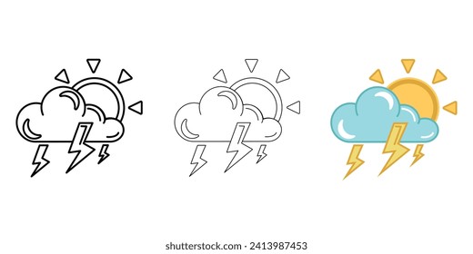 Cloud with sun and strong thunderstorm Weather Icon vector image on white background. Three icons thick, thin, colored outline. Can be used for mobile apps, web apps and print media