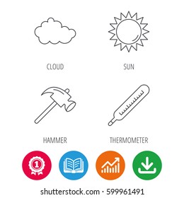 Cloud, sun and thermometer icons. Hammer linear sign. Award medal, growth chart and opened book web icons. Download arrow. Vector
