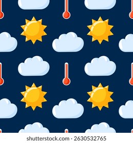 Cloud with sun and thermometer seamless pattern in cartoon style. Hand drawn weather, forecast background. Design for nursery wallpaper, wrapping.