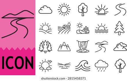Cloud, sun, tree, sunset, road, mountains, waterfall, and other nature elements.
