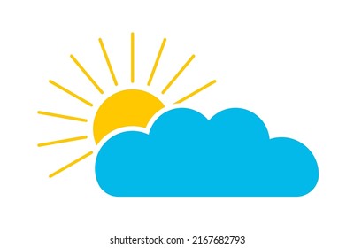 Nube con sol. Icono de previsión meteorológica. Sol plano con nubes. Mañana soleada. Ilustración de dibujos animados. Diseño gráfico para logotipo, tiempo y pronóstico. Vector.