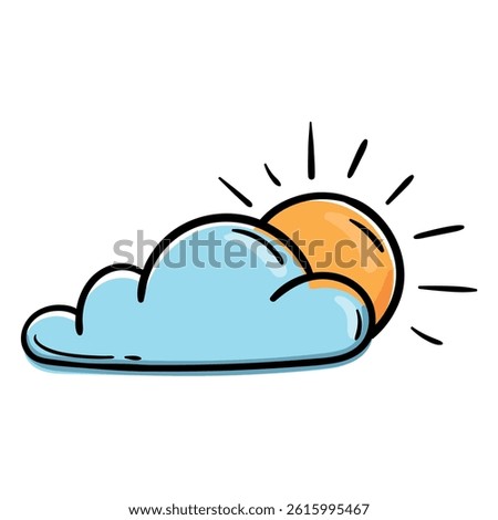 Cloud and sun. Weather forecast icon. Vector illustration for print, sticker, app. Hand drawn sign, symbol isolated on white background