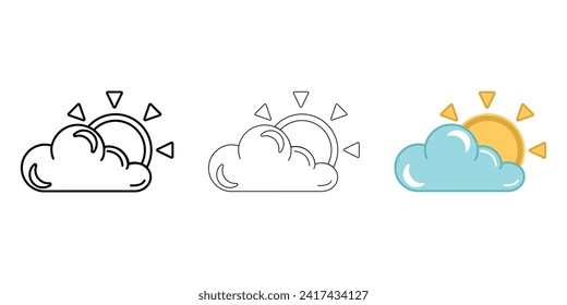 Cloud with sun Weather Icon vector image on white background. Three icons thick, thin, colored outline. Can be used for mobile apps, web apps and print media