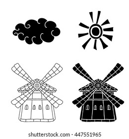 Cloud, sun, windmill hand drawn black set isolated on white background