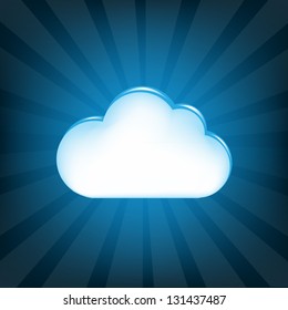Cloud And Sunburst With Gradient Mesh, Isolated On Blue Retro Background, Vector Illustration