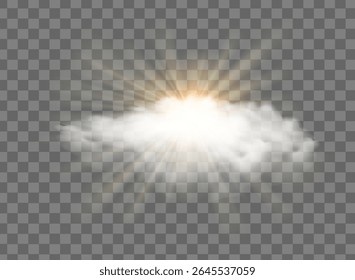 Cloud with sunny rays, realistic sunny cloudy sky. Vector glow light effect with cloud, smoke, fog. Sunlight cloud texture transparent background