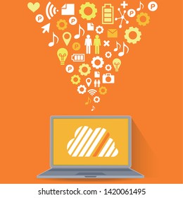 Cloud surrounded by abstract computer network with integrated circles and icons for digital, network, internet, connect, social media, communicate Infographic design background
