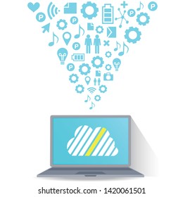 Cloud surrounded by abstract computer network with integrated circles and icons for digital, network, internet, connect, social media, communicate Infographic design background
