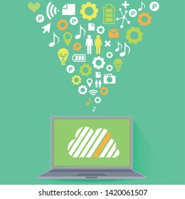 Cloud surrounded by abstract computer network with integrated circles and icons for digital, network, internet, connect, social media, communicate Infographic design background
