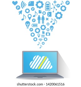 Cloud surrounded by abstract computer network with integrated circles and icons for digital, network, internet, connect, social media, communicate Infographic design background
