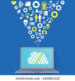 Cloud surrounded by abstract computer network with integrated circles and icons for digital, network, internet, connect, social media, communicate Infographic design background

