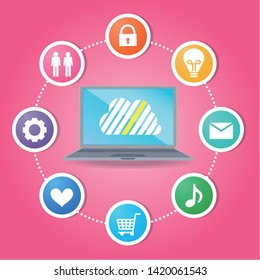 Cloud surrounded by abstract computer network with integrated circles and icons for digital, network, internet, connect, social media, communicate Infographic design background
