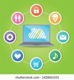 Cloud surrounded by abstract computer network with integrated circles and icons for digital, network, internet, connect, social media, communicate Infographic design background
