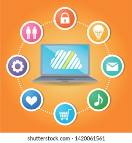 Cloud surrounded by abstract computer network with integrated circles and icons for digital, network, internet, connect, social media, communicate Infographic design background
