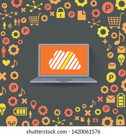 Cloud surrounded by abstract computer network with integrated circles and icons for digital, network, internet, connect, social media, communicate Infographic design background

