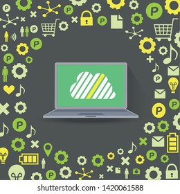 Cloud surrounded by abstract computer network with integrated circles and icons for digital, network, internet, connect, social media, communicate Infographic design background
